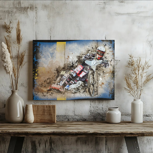 Speedway Motorcycle Racing Wall Art | Swedish Flag Grunge Sports Print | Premium Gallery Wrap Canvas | Gift for Motorsport En