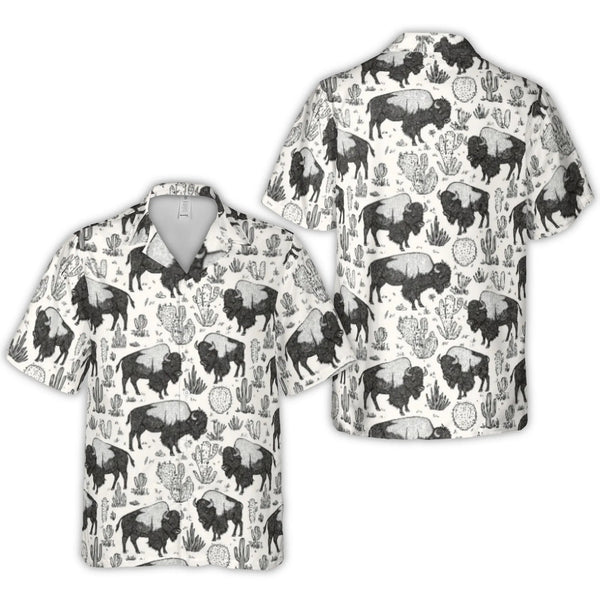 Bison Hawaiian Shirt | Western Desert Cactus Sketch Print | Durable Woven Polyester | Men’s Summer Vacation Button Down Gift