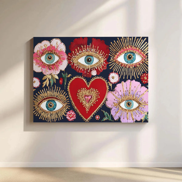 Bohemian Evil Eye Wall Art | Sacred Heart Gold Foil Accent Print | Premium 1.25 Inch Gallery Wrap Canvas | Spiritual Home Dec