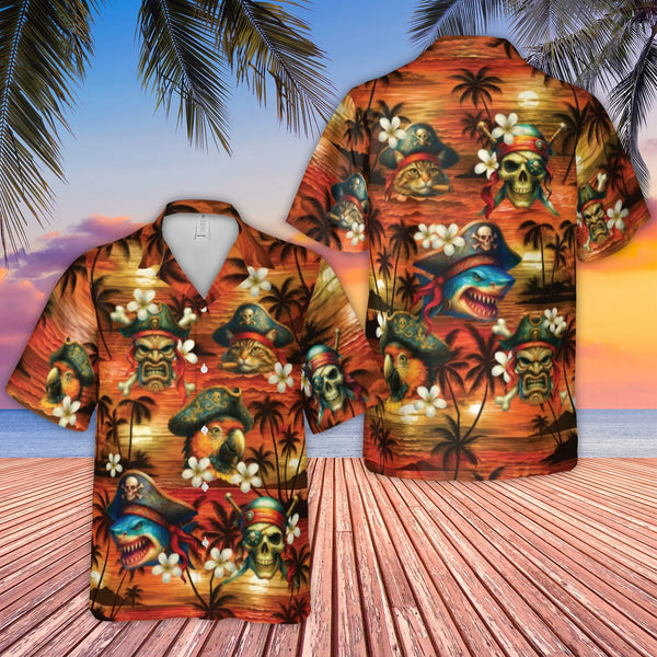 Pirate Hawaiian Shirt | Funny Cat Shark Parrot Tiki Mask Sunset Print | Wrinkle-Resistant Woven Polyester | Unique Beach Vaca