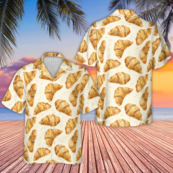 Croissant Hawaiian Shirt | All-Over Food Pattern | Lightweight Woven Polyester | Fun Tropical Beach Vacation Gift for Foodies