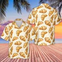Croissant Hawaiian Shirt | All-Over Food Pattern | Lightweight Woven Polyester | Fun Tropical Beach Vacation Gift for Foodies