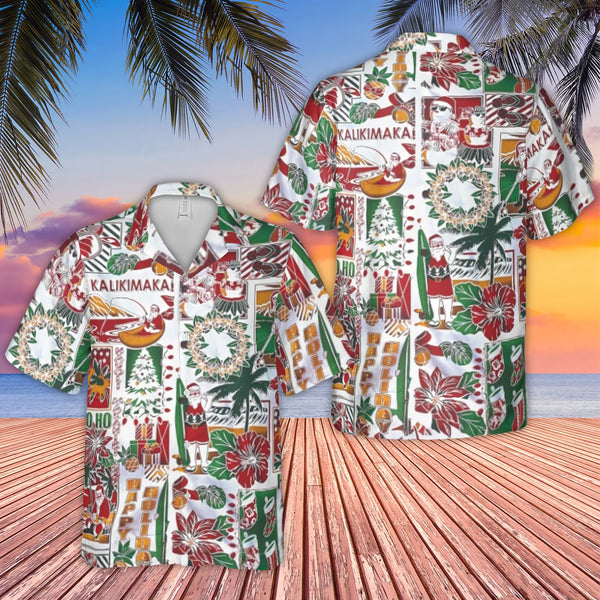 Mele Kalikimaka Hawaiian Shirt | Surfing Santa Tropical Christmas Print | Wrinkle-Resistant Polyester | Festive Gift for Him