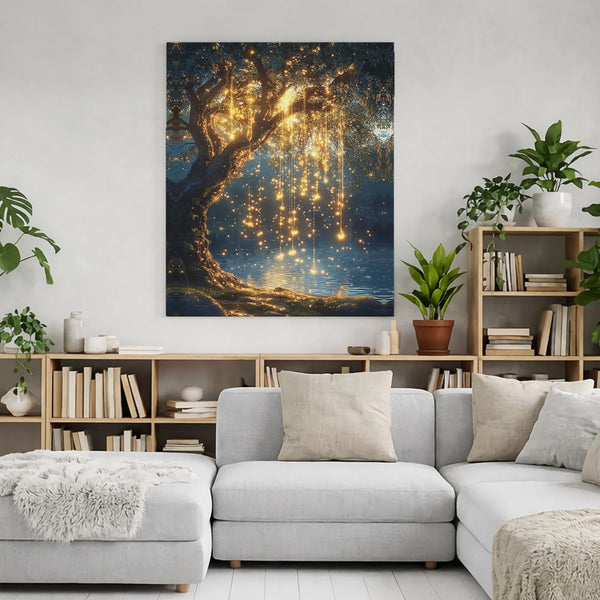 Magical Willow Tree Canvas Print | Enchanted Forest Fairy Lights Wall Art | Premium Gallery Wrap Decor | Dreamy Nature Aesthe