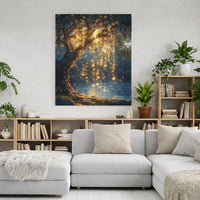 Magical Willow Tree Canvas Print | Enchanted Forest Fairy Lights Wall Art | Premium Gallery Wrap Decor | Dreamy Nature Aesthetic for Home Living Room