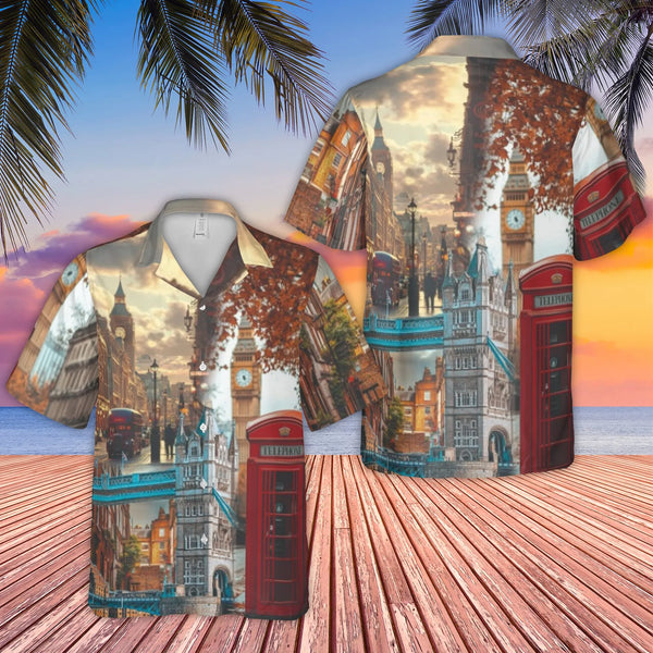 London Landmarks Hawaiian Shirt | Big Ben & Tower Bridge Collage | Premium Breathable Polyester | Travel Gift for United King