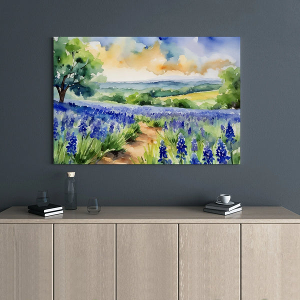 Bluebonnet Flower Field Canvas Print | Watercolor Texas Landscape Art | 1.25” Gallery Wrap | Premium Nature Wall Decor for Ho