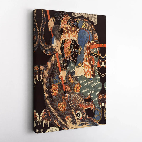 Japanese Samurai Fighting Dragon Canvas Wall Art | Ukiyo-E Warrior Print | Premium Gallery-Wrapped Wooden Frame | Unique Asia