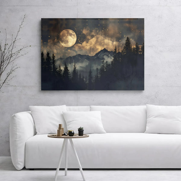 Full Moon Mountain Canvas Wall Art | Mystical Forest Night Landscape | Premium 1.25 Inch Gallery Wrap | Celestial Nature Home