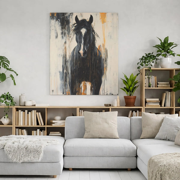 Black Horse Canvas Wall Art | Abstract Dripping Paint Equestrian Decor | Premium Gallery Wrap Print | Modern Farmhouse Living