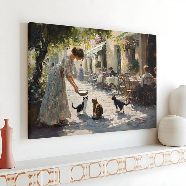 European Cafe Cat Painting | Impressionist Woman Feeding Kittens Art | Premium Gallery Wrap Canvas | Gift for Cat Lovers & Ho