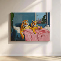 Tiger Wall Art Canvas | Whimsical Couch Couple Portrait | Gallery Wrap Premium Print | Funny Animal Home Decor Gift