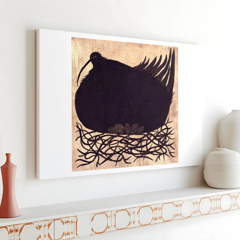 Nesting Bird Canvas Art | Woodcut Style Black and Gold Wall Decor | Premium 1.25 Inch Gallery Wrap | Unique Bird Lover Gift for Modern Home