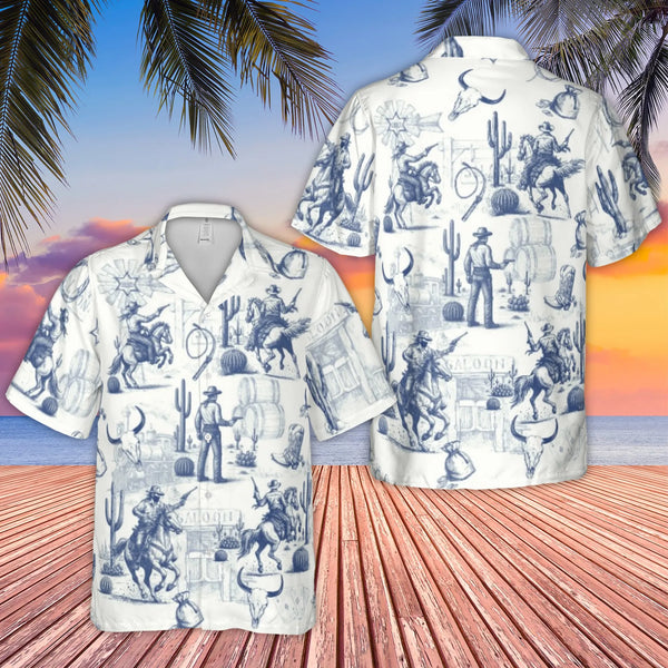 Wild West Cowboy Toile Hawaiian Shirt | Vintage Western Ranch Design | Breathable Woven Polyester | Unique Gift for Him