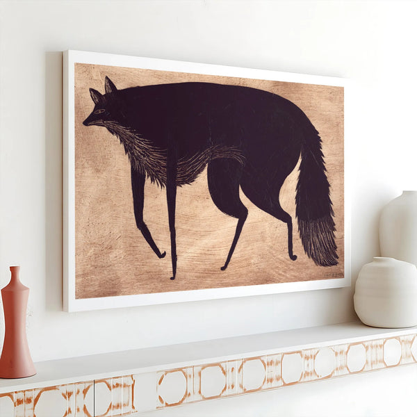 Black Fox Canvas Wall Art | Stylized Minimalist Woodcut Print | Premium Gallery Wrap Decor | Nature Inspired Gift for Living 