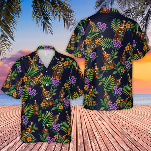 Whiskey Hawaiian Shirt | Tropical Floral & Bourbon Bottle Print | Premium Woven Polyester | Fun Vacation Gift for Men