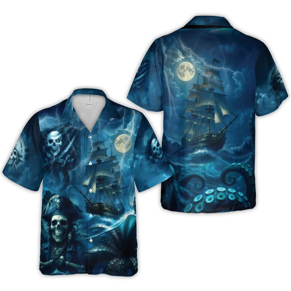 Pirate Skull Hawaiian Shirt | Kraken Stormy Sea Graphic Print | Lightweight Woven Polyester | Unique Summer Beach Gift for Me