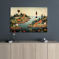 Coastal Village Canvas Wall Art | Folk Art Lighthouse Landscape with Hot Air Balloon | Premium 1.25” Gallery Wrap | Nautical Home Decor for Living Room