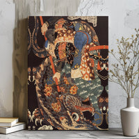Japanese Samurai Fighting Dragon Canvas Wall Art | Ukiyo-E Warrior Print | Premium Gallery-Wrapped Wooden Frame | Unique Asian Decor Gift
