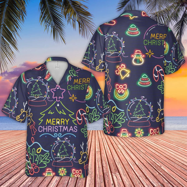 Neon Christmas Hawaiian Shirt | Festive Holiday Pattern With Snow Globes & Reindeer | Premium Wrinkle-Resistant Poly | Fun Ch