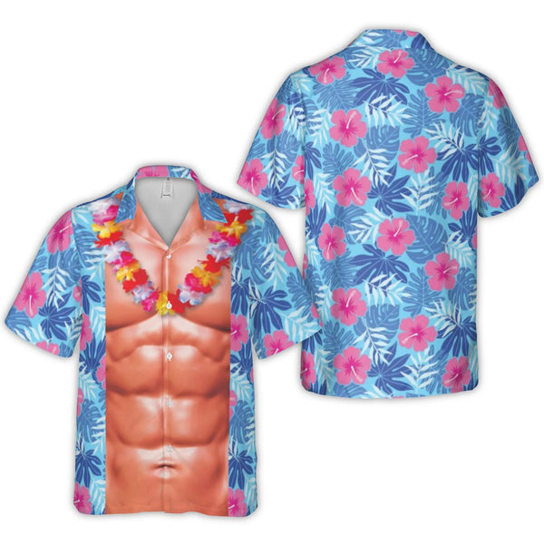 Funny Six Pack Abs Hawaiian Shirt | Tropical Hibiscus Lei Print | Lightweight Woven Polyester | Gag Gift for Beach Parties an