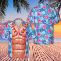 Funny Six Pack Abs Hawaiian Shirt | Tropical Hibiscus Lei Print | Lightweight Woven Polyester | Gag Gift for Beach Parties and Vacations