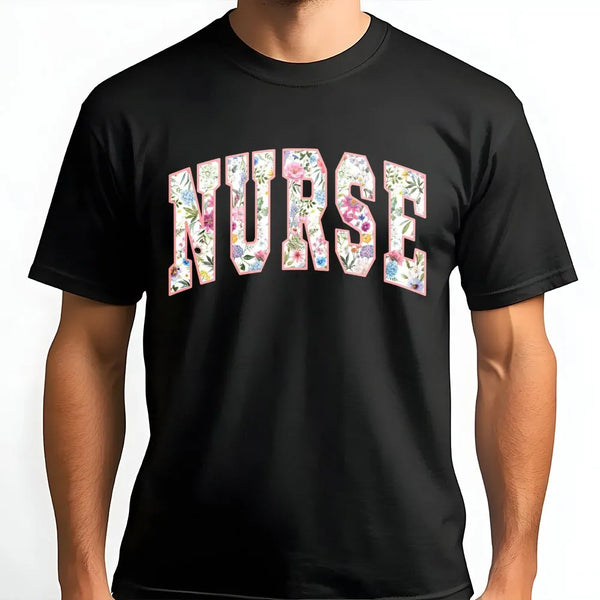 Floral Nurse T-Shirt | Botanical Varsity Letter Design | Premium 100% Cotton | Appreciation Gift for Registered Nurses & Nurs