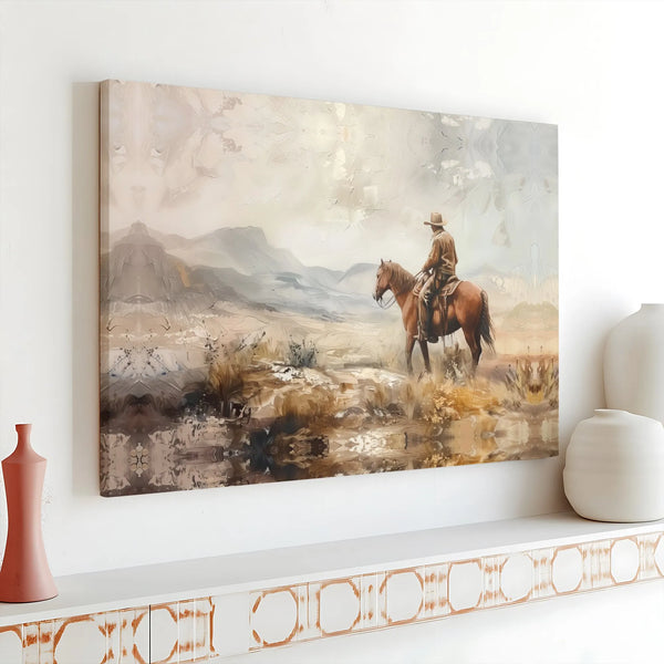 Western Cowboy Painting Canvas | Horseback Mountain Landscape Art | Premium Gallery Wrap Print | Rustic Home Decor Gift for H