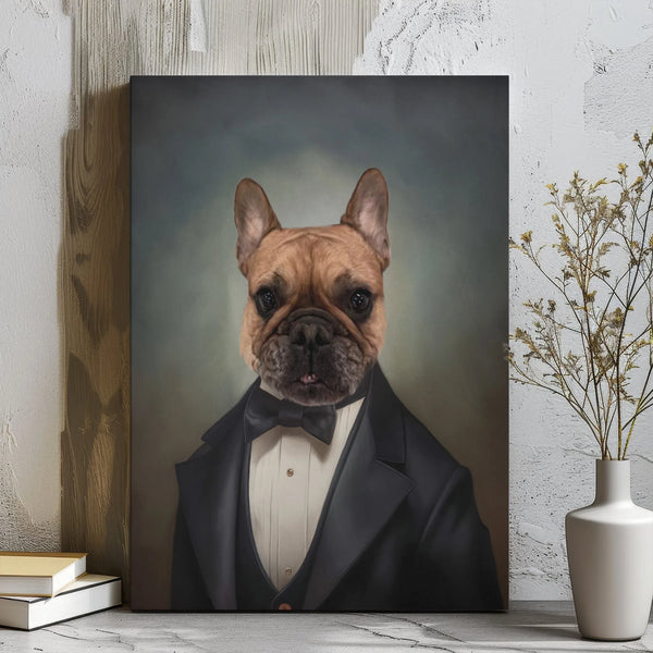 French Bulldog Canvas Wall Art | Dapper Dog in Tuxedo Portrait | Premium Gallery Wrap Decor | Unique Gift for Dog Lovers & Pe