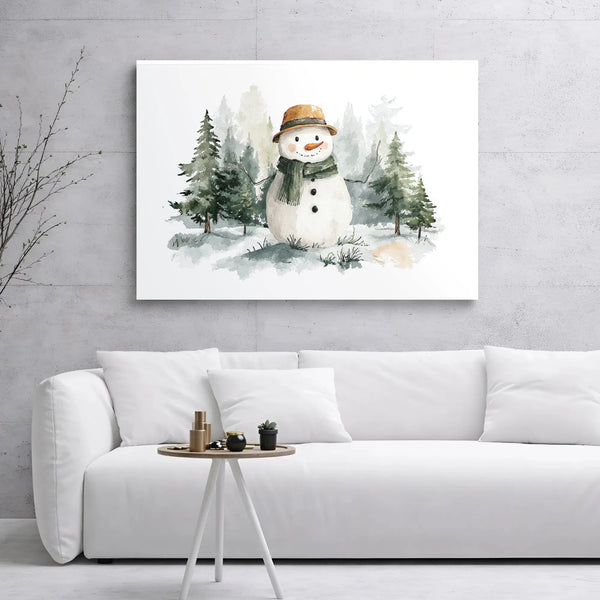 Watercolor Snowman Wall Art | Winter Forest Christmas Canvas Print | Premium Gallery Wrap Decor | Holiday Seasonal Gift for H