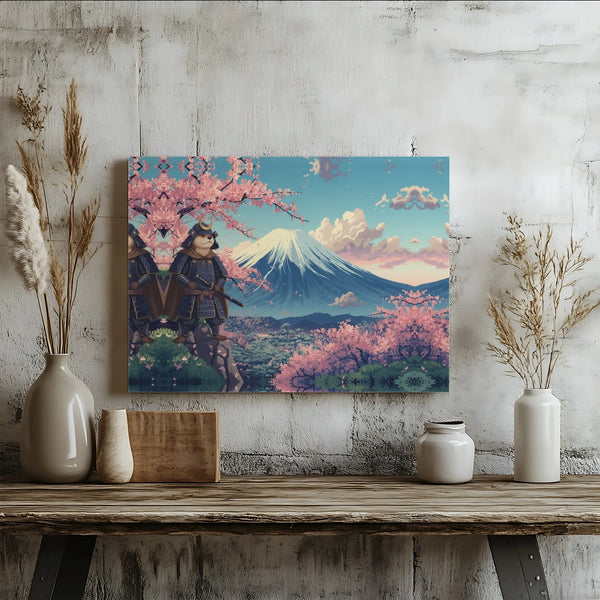 Samurai Otter Canvas Wall Art | Mount Fuji & Cherry Blossoms Design | Premium Gallery Wrap Wooden Frame | Unique Japan-Inspir