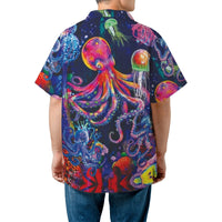 Psychedelic Octopus Hawaiian Shirt | Neon Ocean Life Underwater Print | Lightweight Woven Polyester | Gift for Tropical Beach Vacation