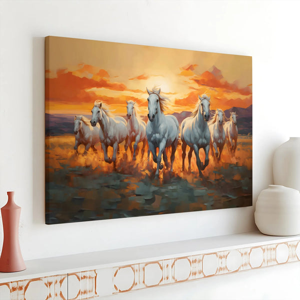 Running White Horses Canvas Wall Art | Sunset Equine Stampede Print | Premium 1.25-Inch Gallery Wrap | Southwestern Home Deco
