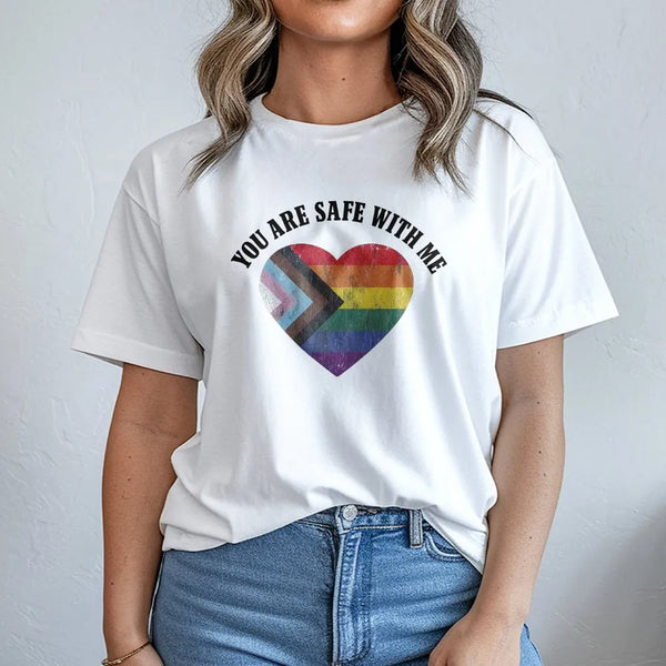 You Are Safe With Me T-Shirt | LGBTQ Progress Pride Heart Graphic | Soft Premium Cotton Tee | Social Justice Activist Pride M