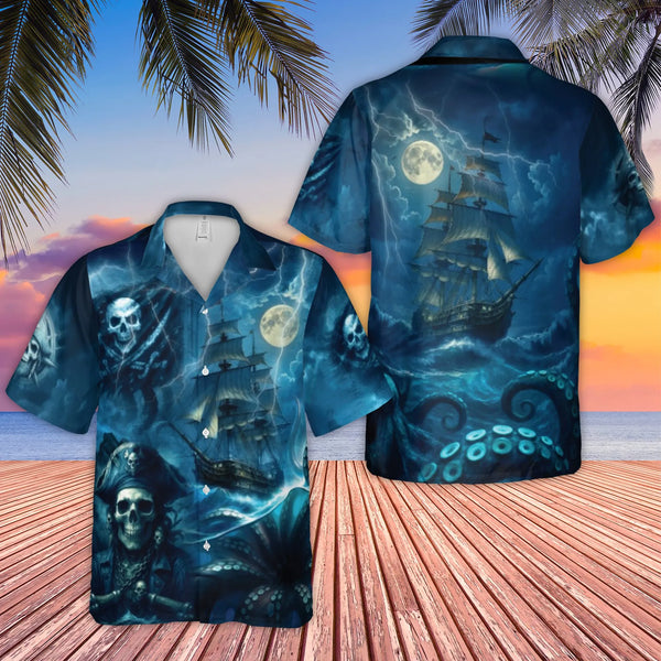 Pirate Skull Hawaiian Shirt | Kraken Stormy Sea Graphic Print | Lightweight Woven Polyester | Unique Summer Beach Gift for Me
