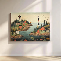 Coastal Village Canvas Wall Art | Folk Art Lighthouse Landscape with Hot Air Balloon | Premium 1.25” Gallery Wrap | Nautical Home Decor for Living Room