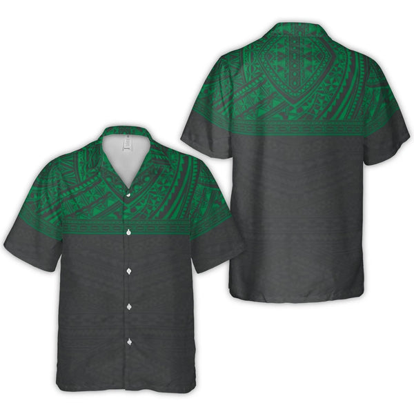 Polynesian Tribal Hawaiian Shirt | Green and Black Island Pattern | Lightweight Woven Polyester | Premium Summer Vacation Gif