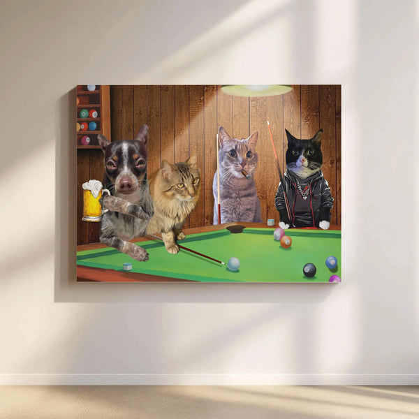 Cats and Dog Playing Pool Canvas Art | Funny Billiards Room Decor | 1.25 Inch Premium Gallery Wrap | Unique Gift for Pet Love