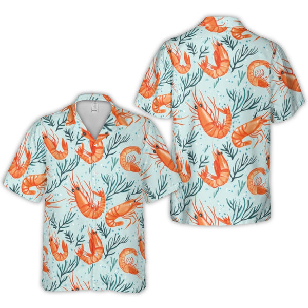Shrimp Print Hawaiian Shirt | Tropical Seafood Beach Button Down | Lightweight Woven Polyester | Fun Summer Vacation Gift for